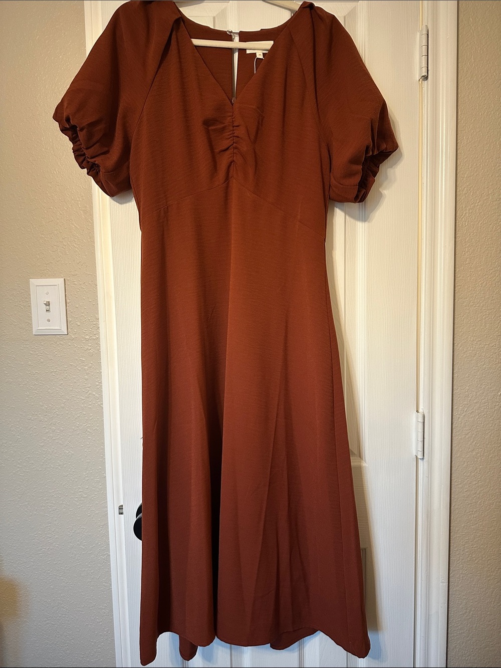 bohme Rust-Brown Puff Sleeve Midi Dress